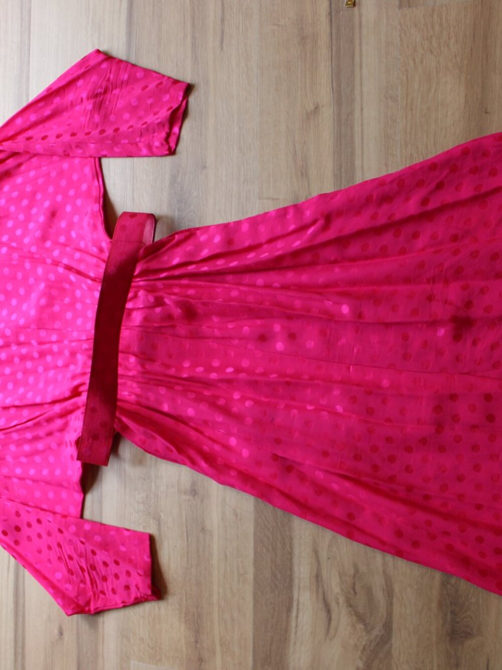 Vintage Liz Claiborne 100% Silk Hot Pink Polka-Dot Long Sleeve Midi Dress - Picture 5 of 16